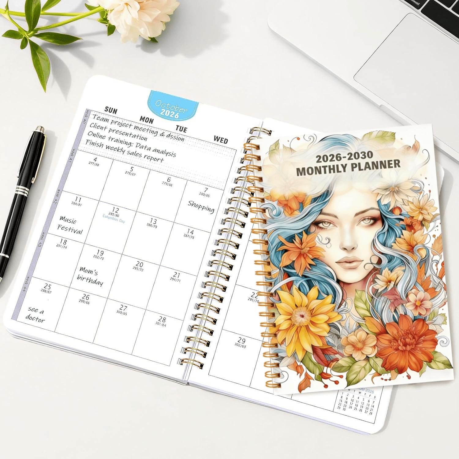 2026-2030 Monthly Planner/Calendar - January 2026 to December 2030, 5-Year Monthly Planner, Colorful Flower Lady Cover Design Notebook, Yearly Calendar Planning, Monthly Tabs, 60-Month Calendar, 5.5 x 8.3 inches, 71 Sheets/142 Pages Thick Paper, Elastic C
