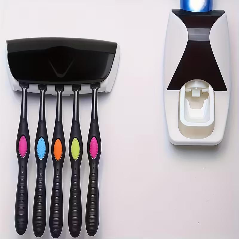 Automatic Toothpaste Dispenser + Brush Holder, Creative Wall-Mounted Toothbrush Rack, No-Drill Bathroom Organizer Set, Toothbrush Holders