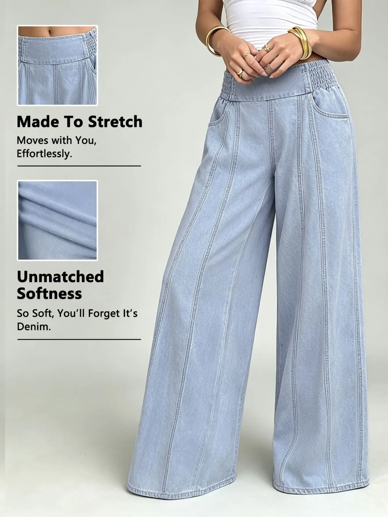 Women Shirred Elastic High Waist Wide Leg Oversized High Waisted Denim Jeans, 4 Way Stretch Light Wash, Casual Baggy Loose Floor Length Trousers with Pockets, Summer Streetwear