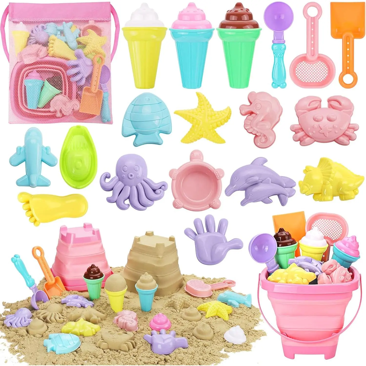 Beach Toys, Ice Cream Sand Toys  Toddlers, with Collapsible Bucket and Shovels  Kids with Bag, Travel Toys  Boys Baby Girls Age 3 4 5 6 7 8+