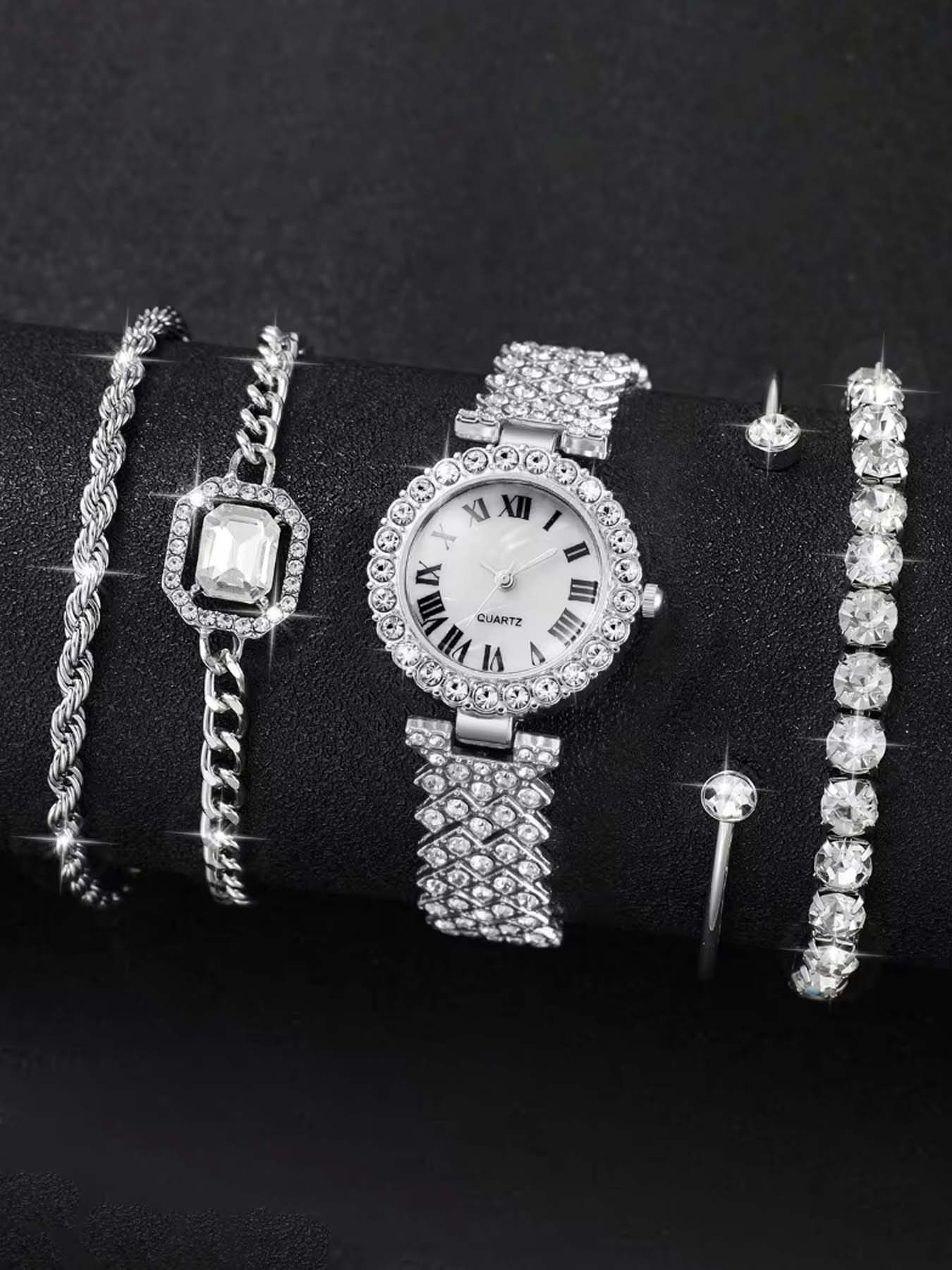 5-piece set of fashionable Trendy Roman numeral diamond-embellished ladies' quartz watch bracelet wristwatch set