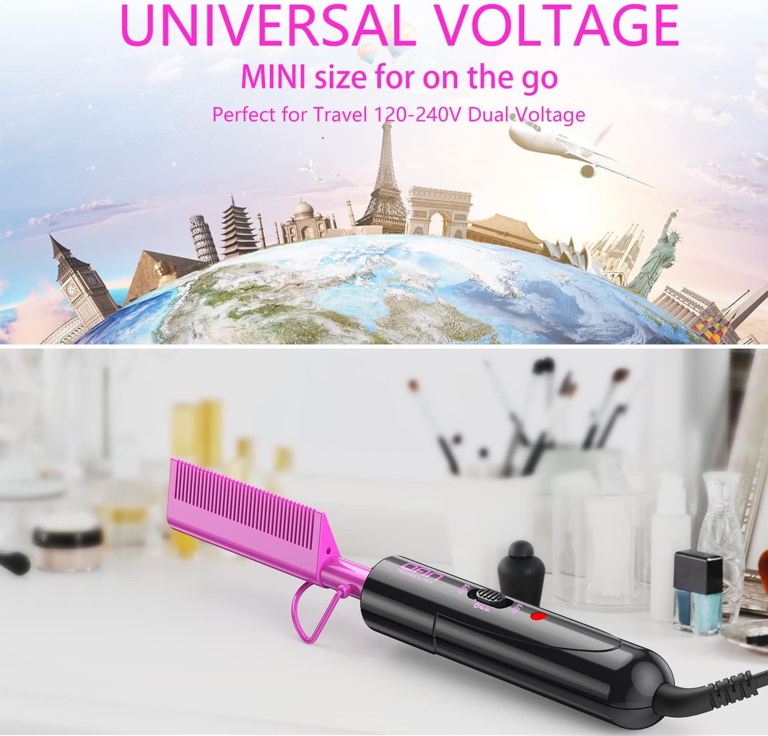 Ceramic Pressing Comb Mini Straightener for Lace Front Wigs and Black Women's Hair, Dual Voltage with 450 ° F Fast Heating