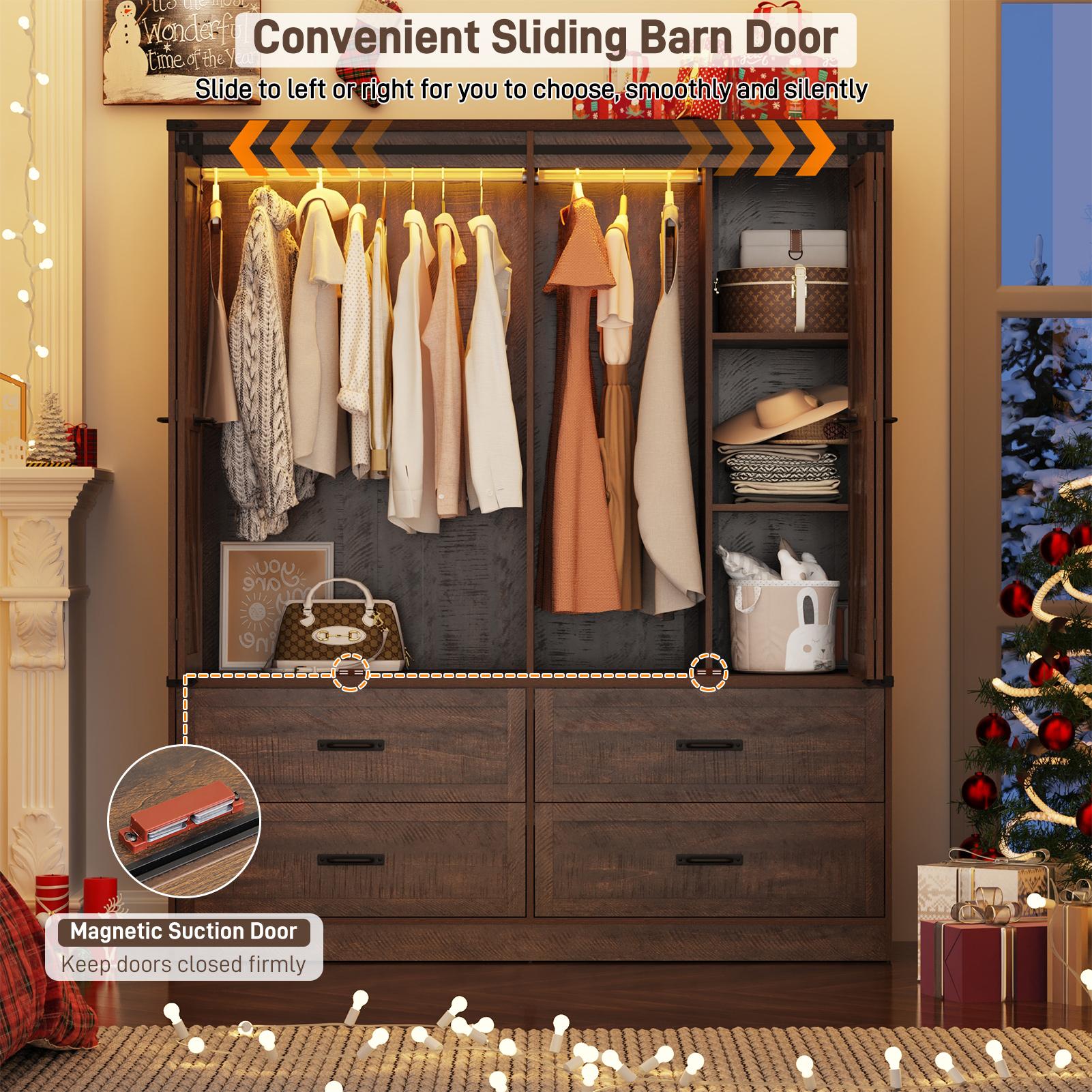 Farmhouse 6 Doors/4 Doors/3 Doors Armoire Wardrobe Closet w/Folding Sliding Barn Door and Lights, LED Armoire Closet w/Drawers for Bedroom, Freestanding Wooden Wardrobe Storage Closets w/Hanging Rod (Antique White/Rustic Brown/Black)