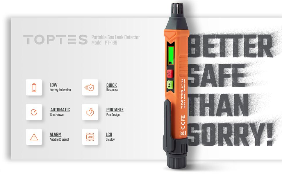 TopTes PT199 Leak Detector - Portable Natural Combustible Gas Leak Source Detection Tool for Home Improvement with Audible & Visual Alarm Device Sniffer Lpg Methane Safety Diy Tools （Battery x2）