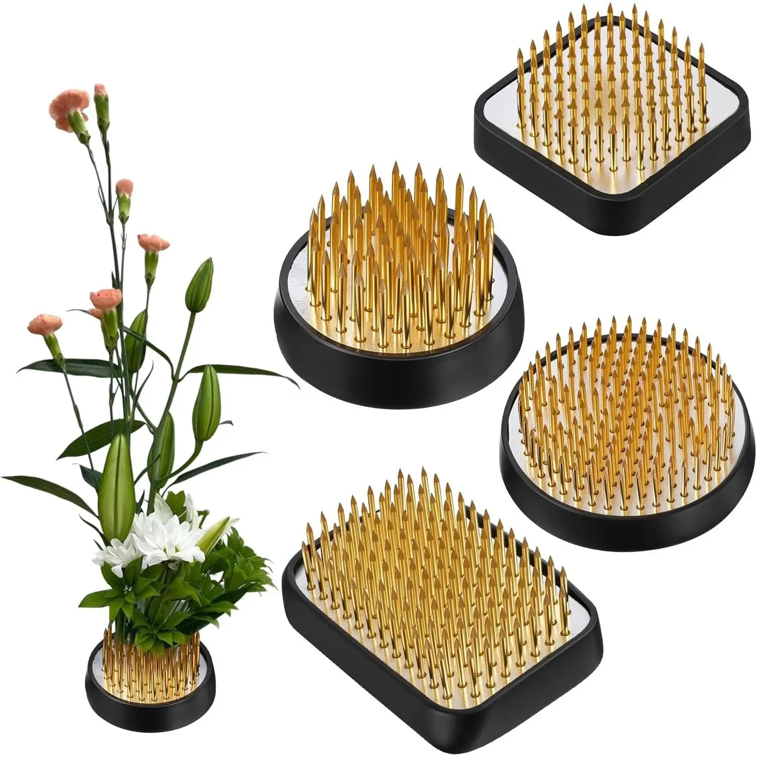 4-Pack Japanese Ikebana Flower Frog Kenzan Kit – Black Base & Gold Pin Floral Arrangement Set (Rectangle, Square, Small & Large Round)
