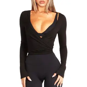 Women Long Sleeve Ballet Pilates Yoga Wrap Tie Front Tops Workout Gym Shirts Cardigan