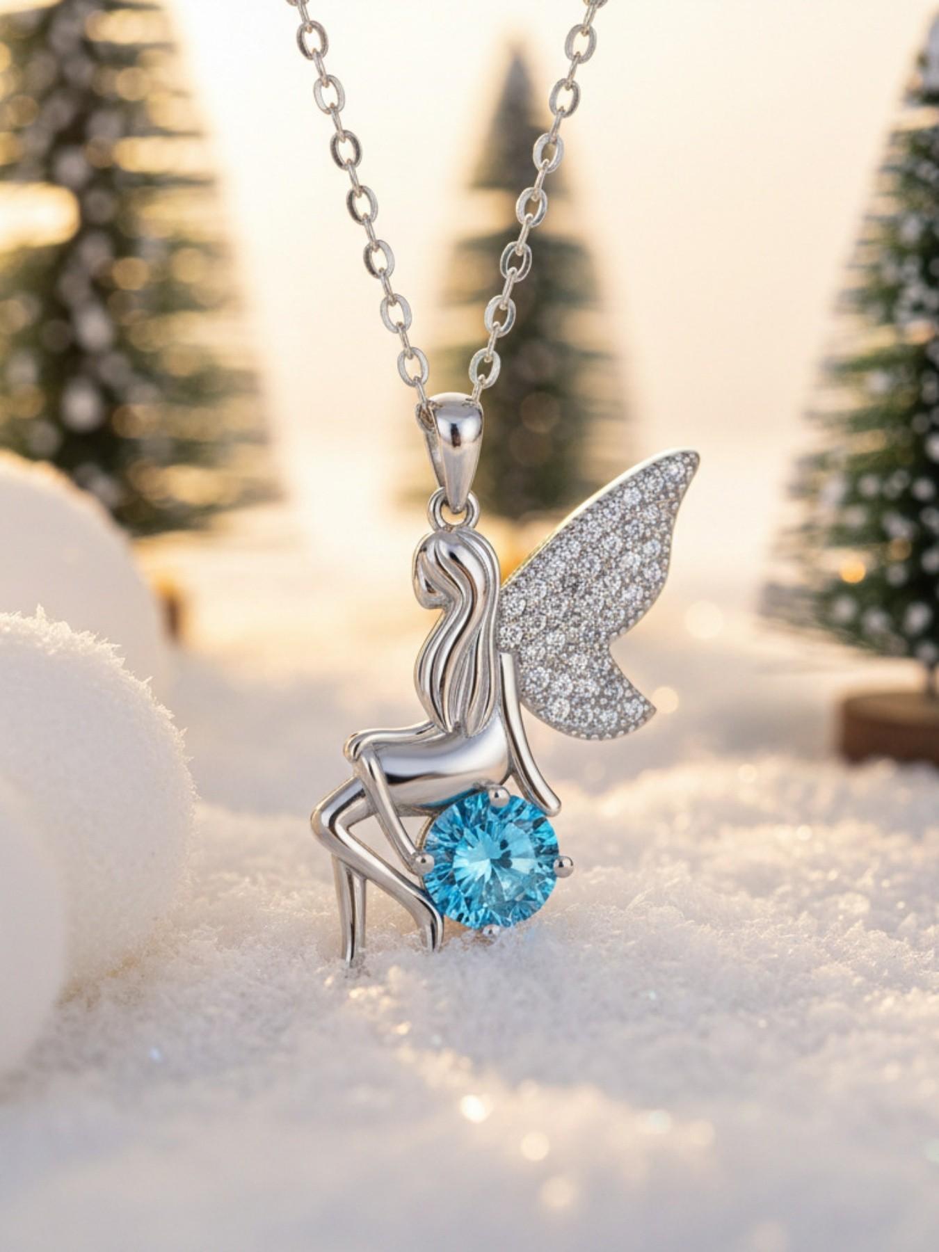 Blue Diamond Elf Wing New original niche cute elf gem necklace.Paired with a preserved rose & teddy bear jewelry gift box.Perfect mysterious gift for festivals, birthdays, Valentine's Day, Mother's Day and Christmas.