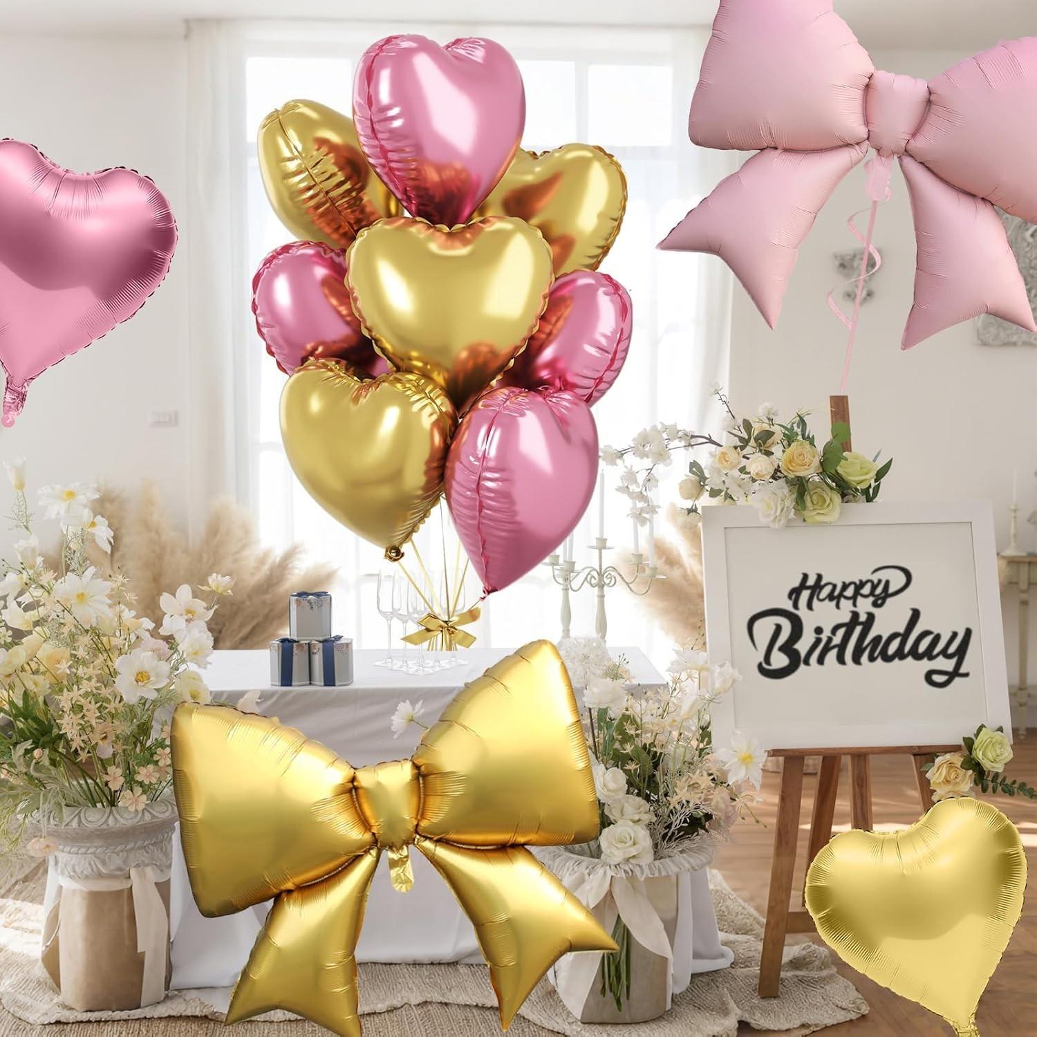 Pink and gold heart-shaped bow balloons, 8 18 inch heart-shaped balloons and 2 38 inch bow balloons (with 2 accessories), suitable for girls' birthdays, Valentine's Day, baby showers, wedding anniversary decorations