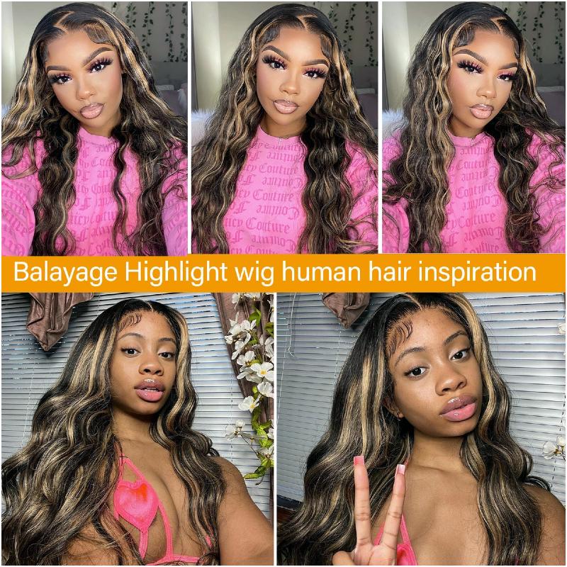 BangJazz FB/27 Balayage  Wigs Human Hair 13x6 Body Wave Highlight Lace Front wigs 180% Density Ombre Glueless Human Hair Wig for Women Pre Plucked