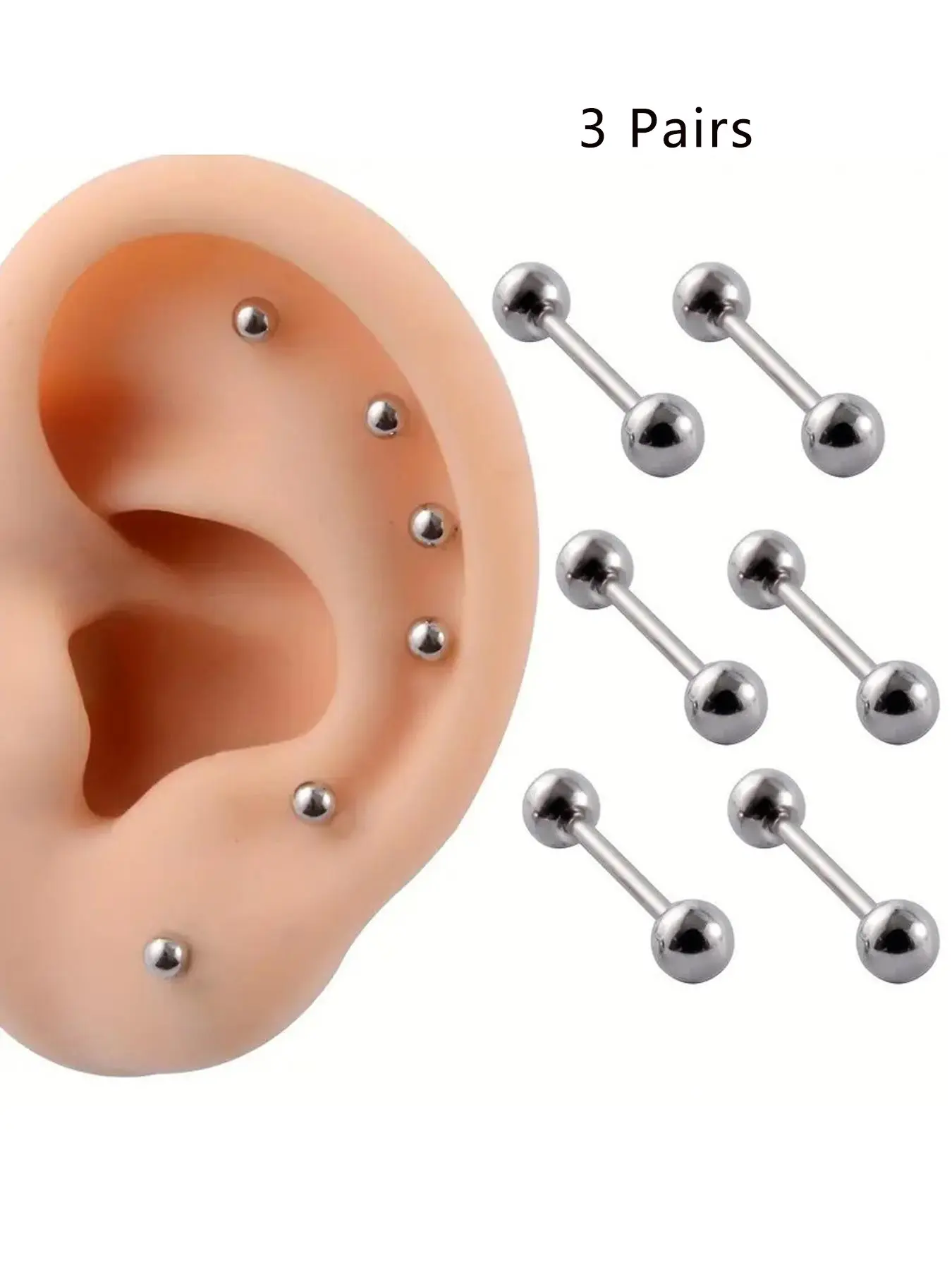 Stainless Steel Ear Ball Studs, 3 Pairs Simple Light Ball Decor Stud Earrings Set, Helix Earring, Fashion Jewelry for Party, Daily Clothing Decor for Girl, Birthday Gift, Hypoallergenic Earrings
