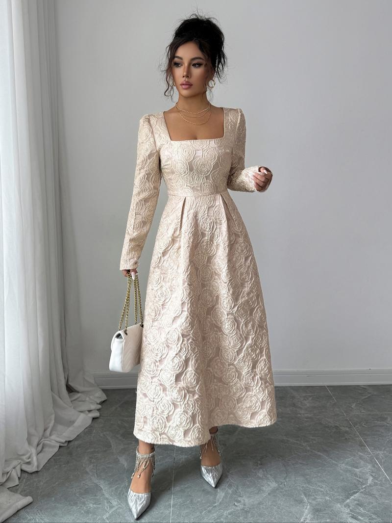 Elegante Vintage Rose Embroidered Square Neck Long Dress, Waist Cinched Skinny Party Date Night Gown, Women's Fashion