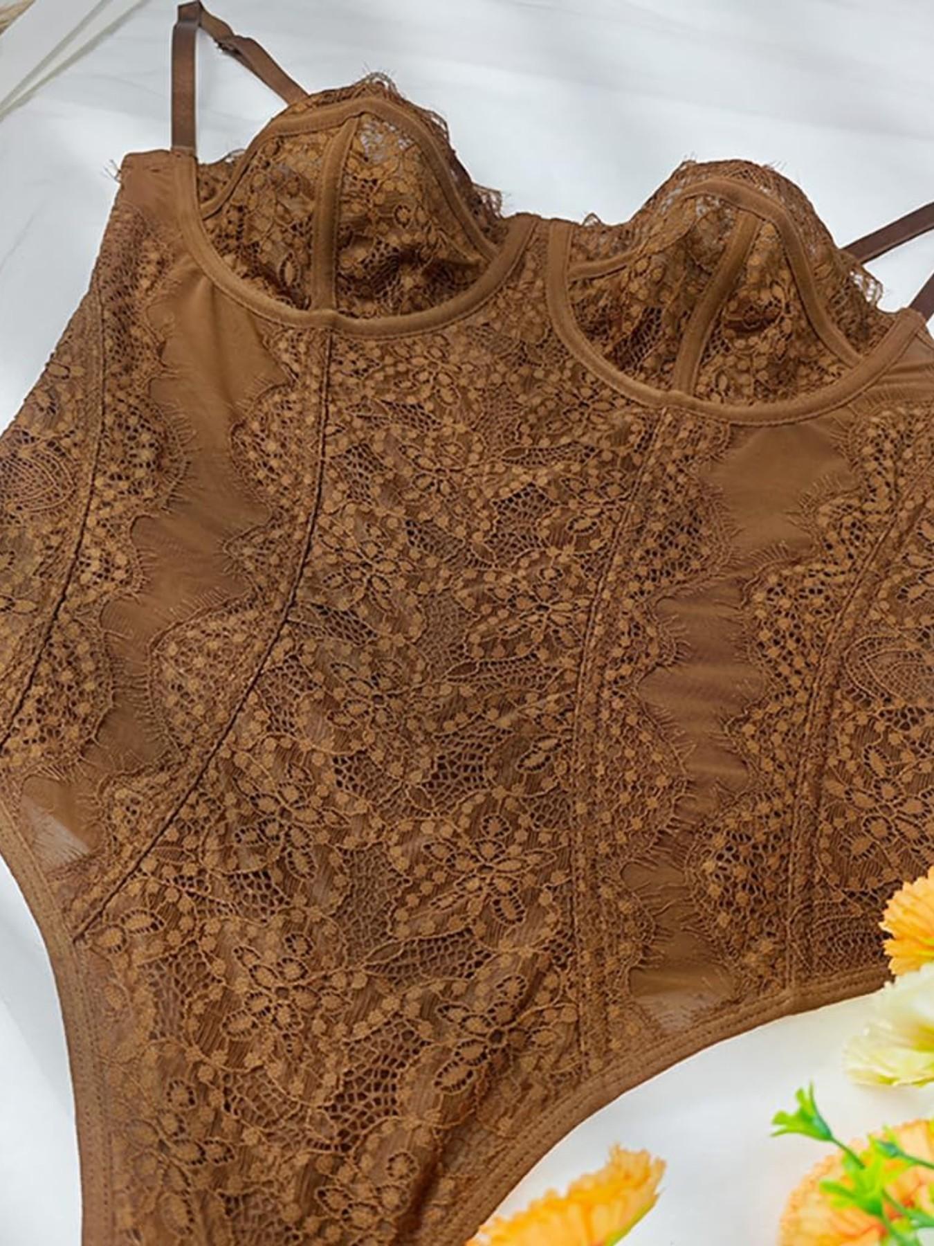 WindShape 1pcs Solid Color Lace Patchwork Bodysuit with Steel Ring Transparent Inner Tank Top Hollow Out Design Y2K Fishbone Style