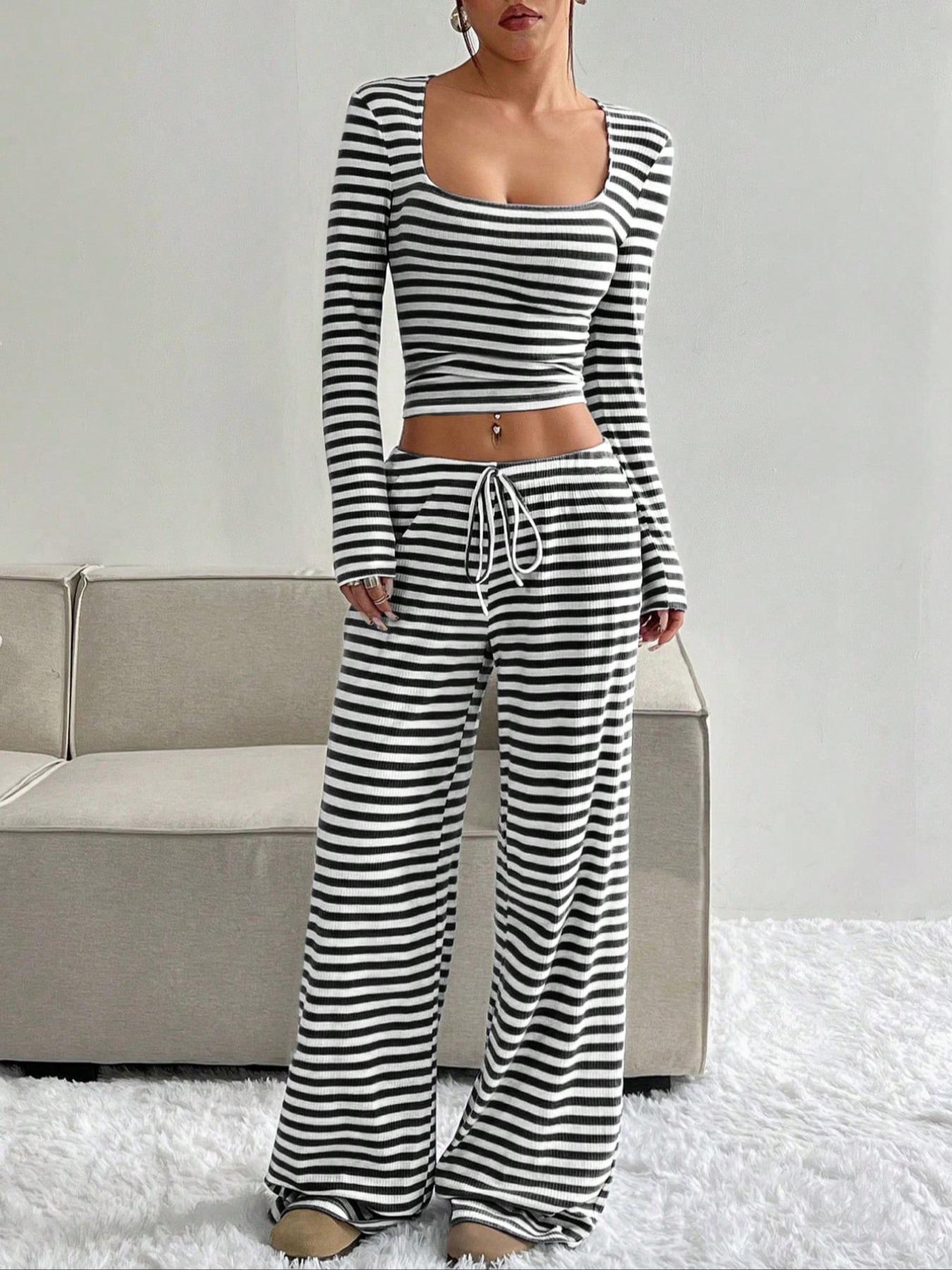 2026 Women's 2 Piece Y2K, Striped Ribbed Knit Long Sleeve Square Neck Crop Top, High Waist Drawstring Wide Leg Pants Loungewear Set