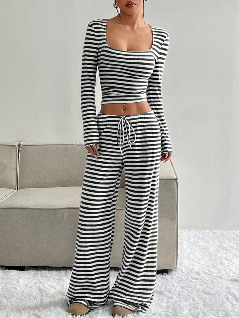 2026 Women's 2 Piece Y2K, Striped Ribbed Knit Long Sleeve Square Neck Crop Top, High Waist Drawstring Wide Leg Pants Loungewear Set
