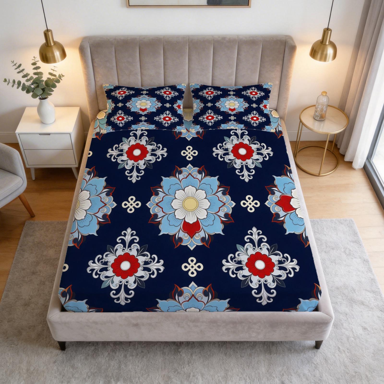 3 Piece Vintage Floral Mandala Fitted Sheet Set, HD Digital Printed Bed Sheet Set, Deep Pocket Soft Bedding Set (Pillowcases No Inserts) for Bedroom Decor