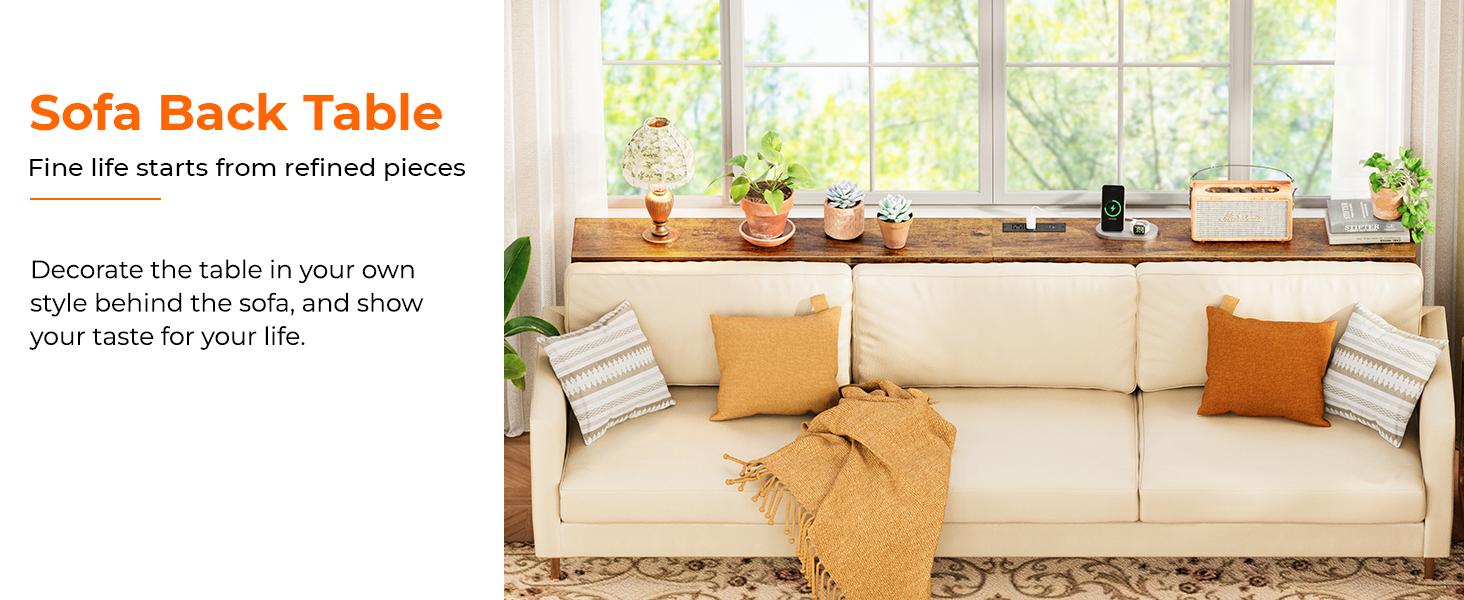 SUPERJARE Long Couch Table with Outlet, Sofa Table with Charging Station, Narrow Hallway Entryway Table, Behind Couch Table, for Living Room