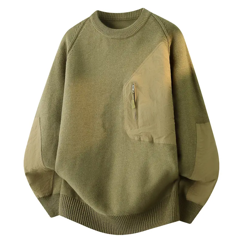 American-Style Outdoor Functional Patchwork Sweater, Men'S Autumn And Winter Workwear Casual Pullover Top, Workwear-Style Woven Fabric Patchwork Knitted Sweater, Outdoor Casual Men'S Sweater With Zipper Pockets