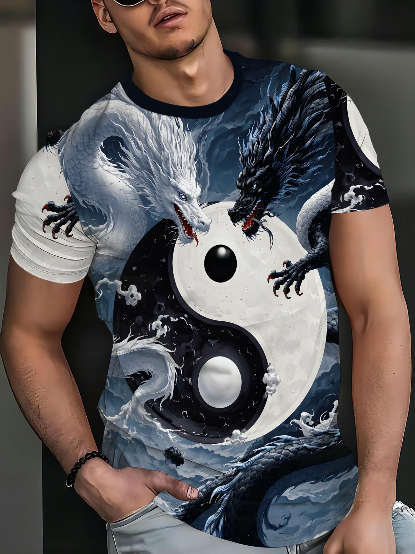 Unisex Quick-Dry Short Sleeve Jersey, Tai Chi & Dragon Design, Casual Fitted Top, Soft Material, Ideal for Outdoor Activities