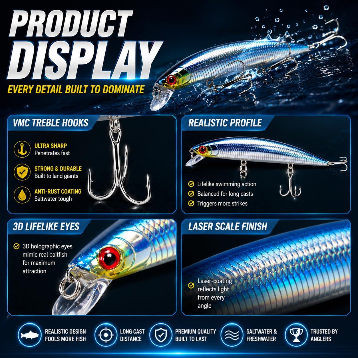 7" Saltwater Minnow Fishing Lures, Long Casting Floating Twitchbait for Striped Bass, Redfish, Pike & Bluefish, Realistic Swimming Hard  with  Treble Hooks, 3 count
