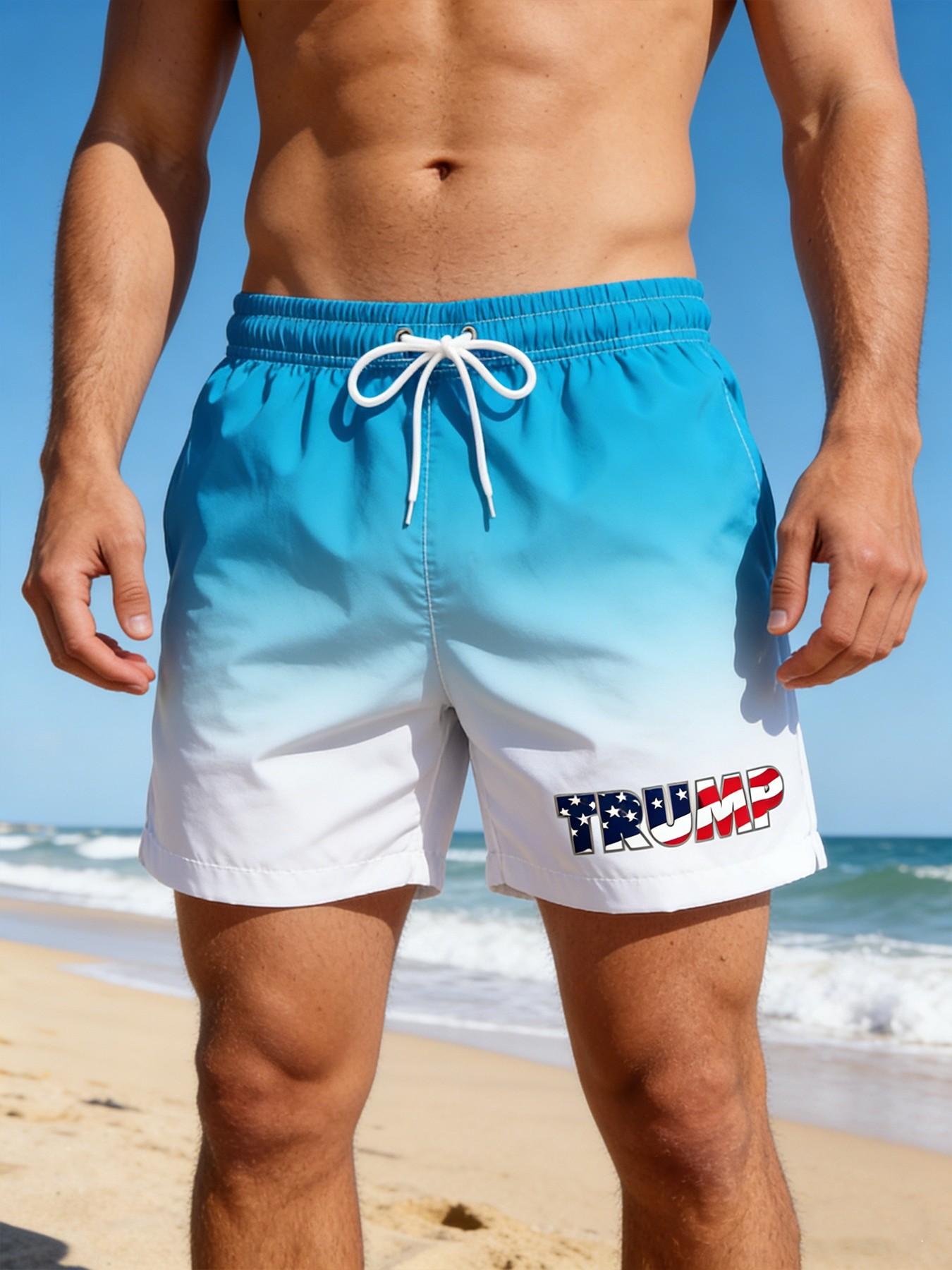 Men's Quick Dry Gradient Board Swim Trunks Side Pockets Ombre Beach Shorts with Mesh Lining Lining Drawstring Waist Flag Stars and Stripes Print Vacation Surfing Shorts