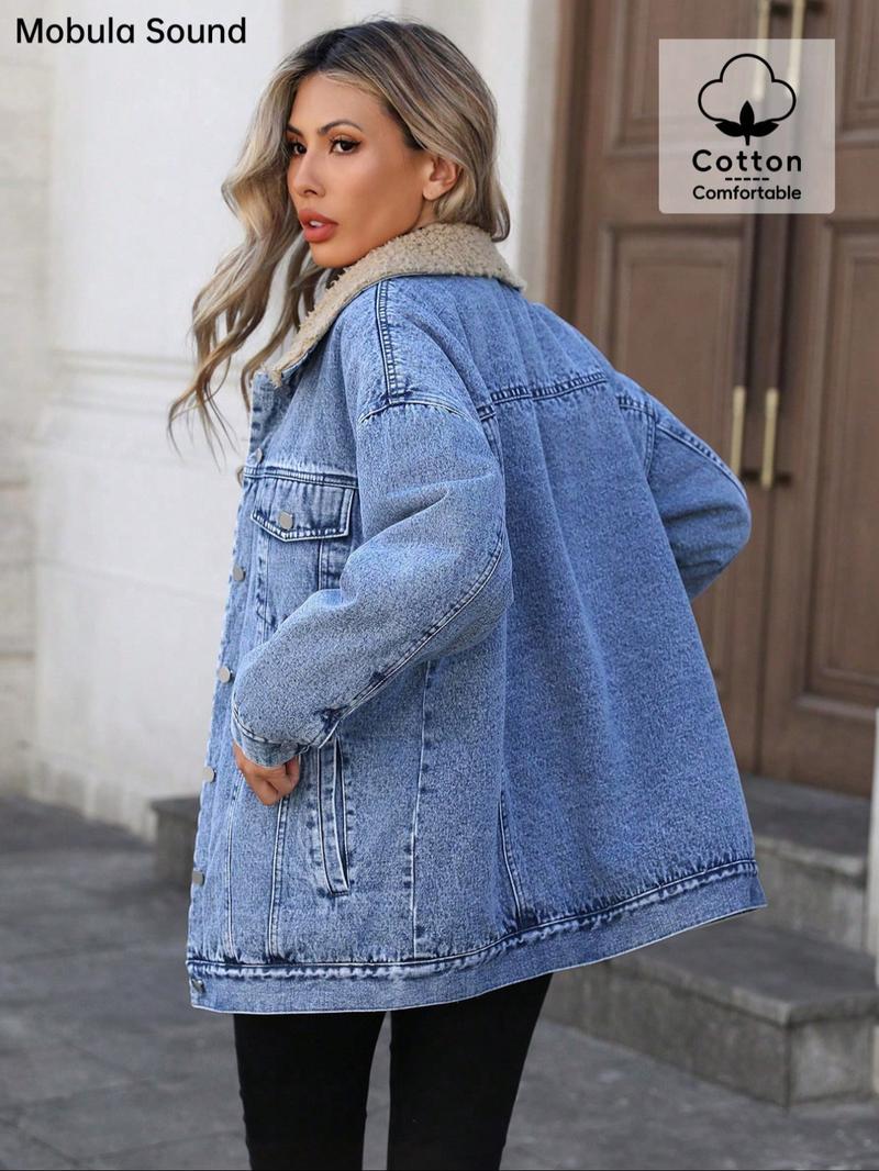 Women's New Fleece Lined Denim Jacket, Trendy Fashion Washed Jean Coat, Casual Comfortable Fit, Zipper Fly, Fall & Winter Wear, Zip Front Jacket