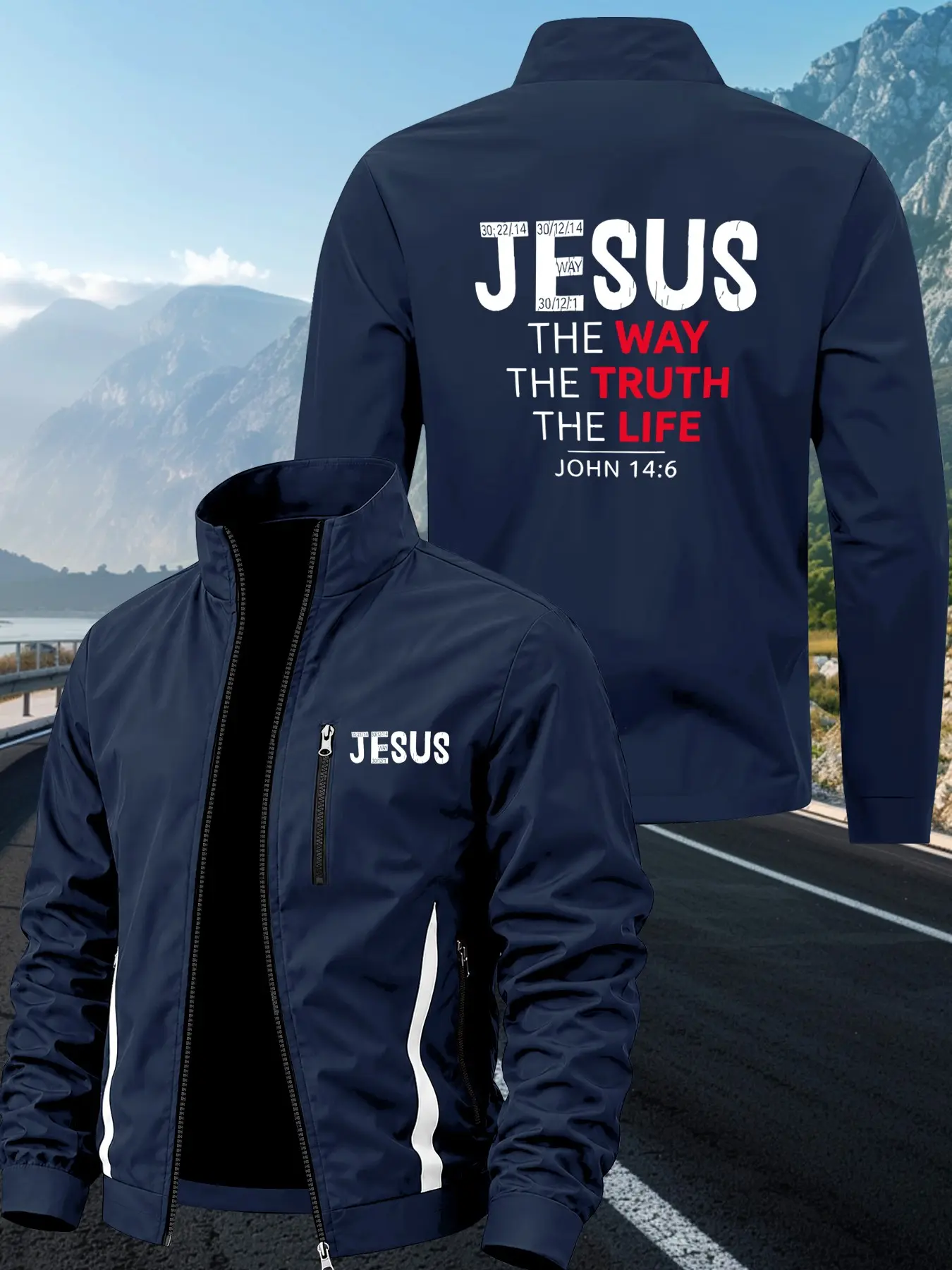Jesus Scripture Letter Patched Jacket, Red White Faith Slogan Cross Element, Casual Loose-Fit Long Sleeve Outerwear, Outdoor Essential