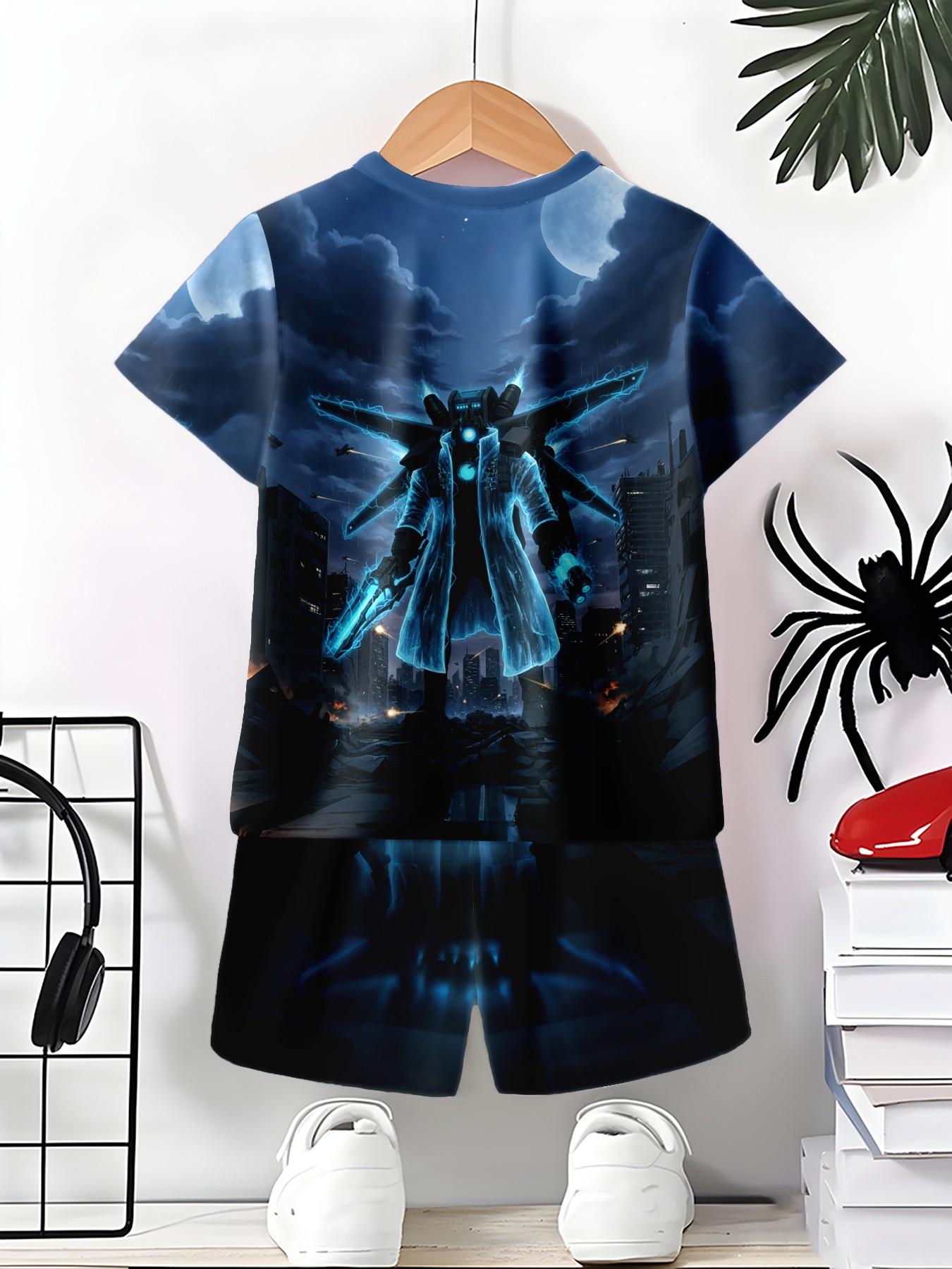 Boys' 3D Short Sleeve Set, Futuristic Skibidi Toilet Print, Perfect for Outdoor Activities, Ideal Gift for Holidays and Birthdays