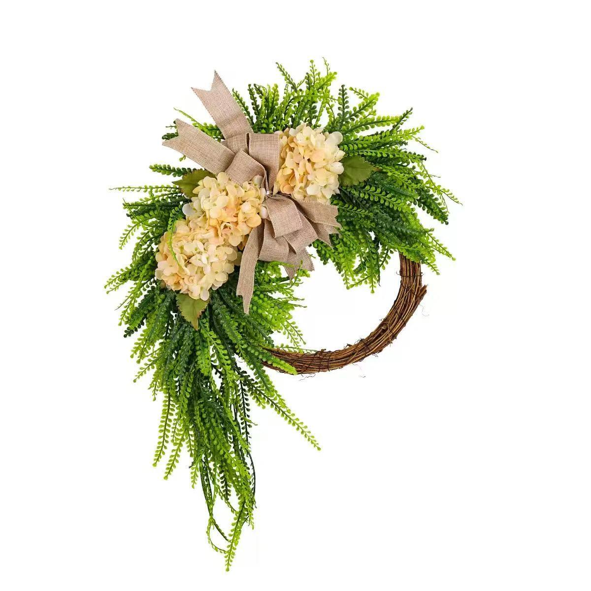 Rustic Hydrangea Wreath Hanging Decor, Bohemian Plastic Floral Door Hanger, Linen Bow and Leaves, Farmhouse Style, Holiday Decoration