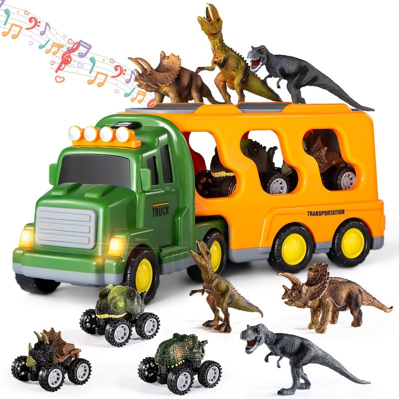 7 in 1 Dinosaur Transport Truck Toy Gifts with Mini Dinosaur lover Figures and Race Cars with Lights and Sounds Educational Play Set for Kids Birthday Christmas
