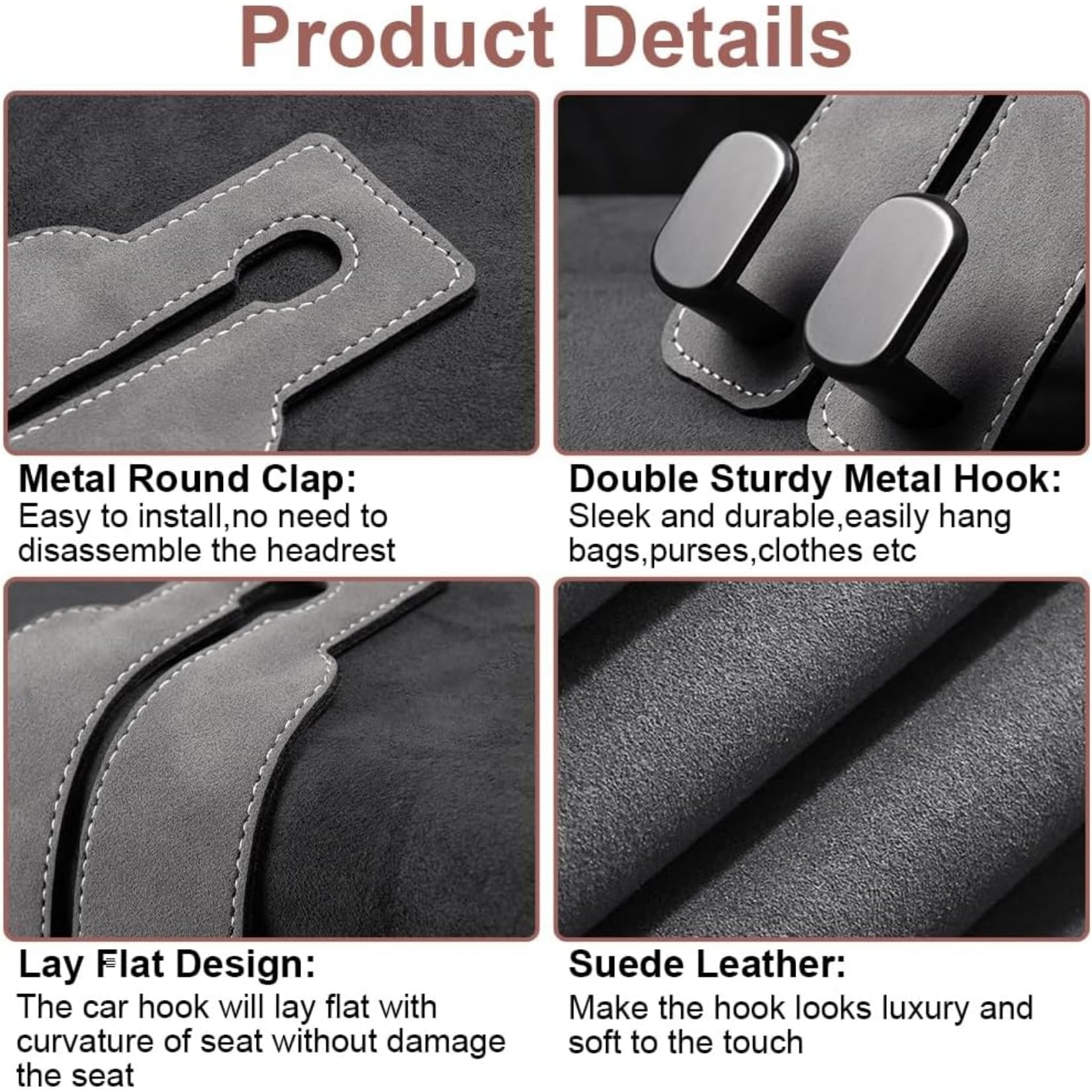 2 Pack Car Seats Hooks for Headrest, 2-in-1 Premium Leather Car Headrest Hanger with Metal Hooks, Car Seat Back Storage Hooks for Purses, Handbags, Phone (Black)