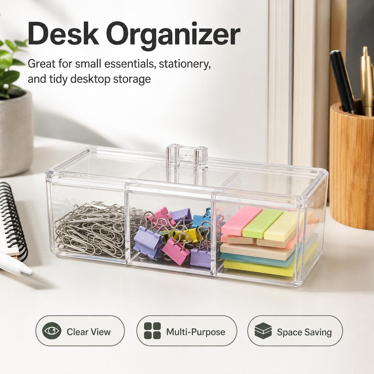 1PCS Clear Acrylic Cotton Pad & Qtip Holder with Lid, 3-Compartment Dustproof Odorless Makeup Organizer for Cotton Balls, Swabs, Beauty Sponges, Powder Puffs, Floss Picks, Bathroom Vanity, Dressing Table, Desk & Skincare Storage