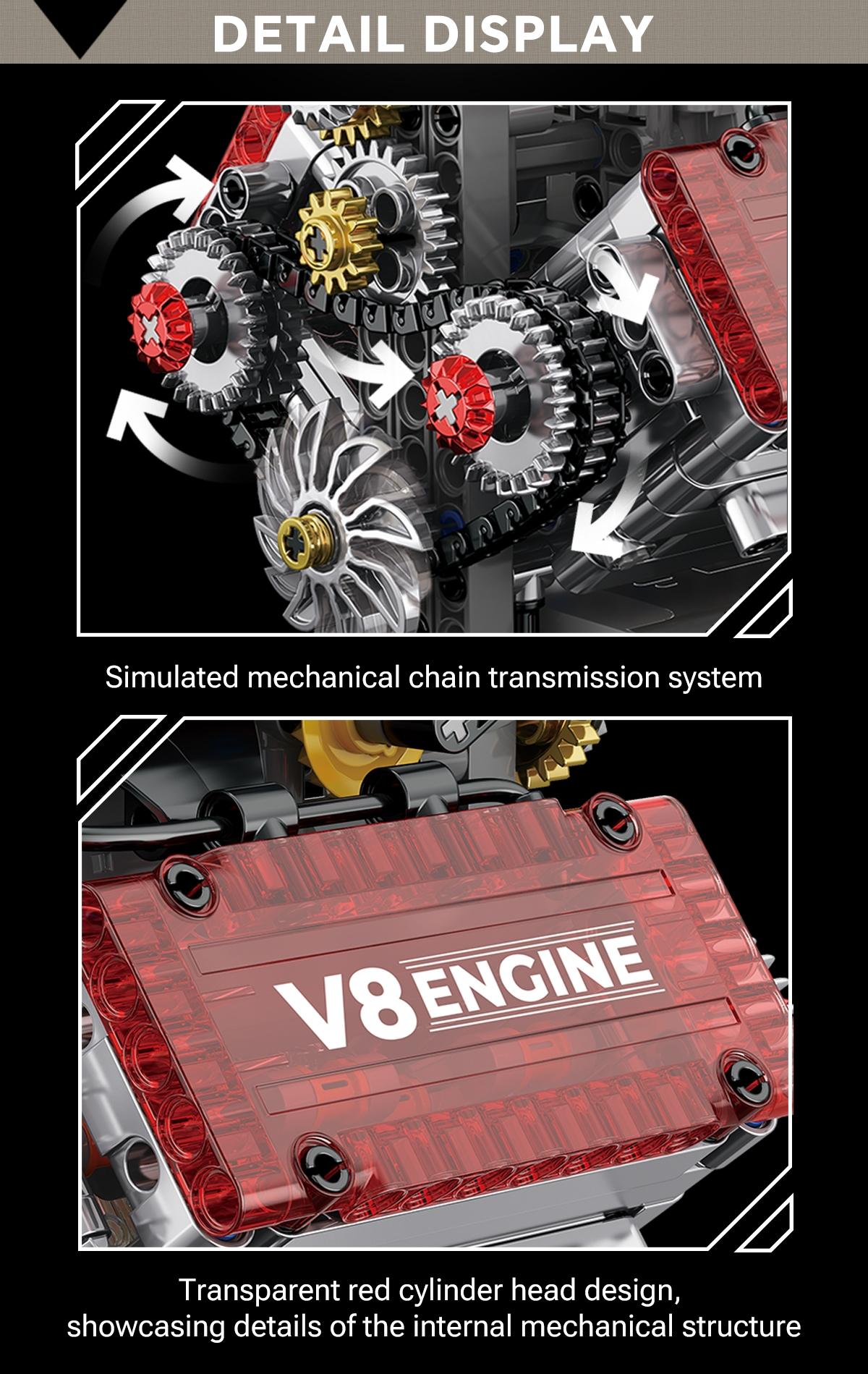 Super Car V8 Engine Building Block Set, Detailed Simulation Car Engine Model Display Piece, Multi-Link Realistic Design, Durable Abs Material, Model Car Kit