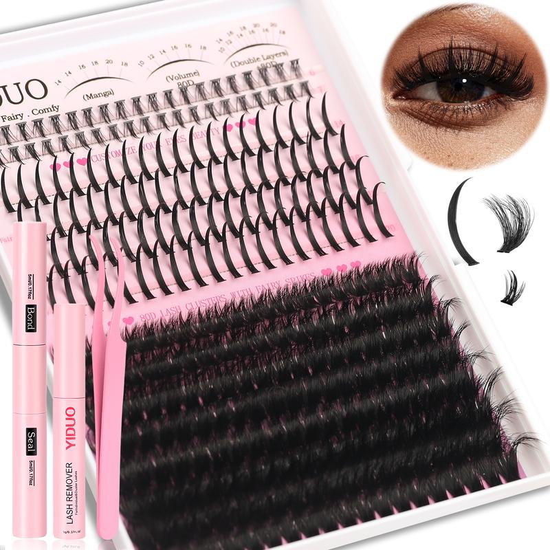 YIDUO 5 Styles Diy Lash Clusters Lashes Kit 60D\80D \100D\Spikes Eyelash and Bottom Lashes Clusters Kit 6-18mm Cluster Eyelash Extension Kit 840 Pcs D-Curl With Lash Bond and Seal, Lash Remover，Lash Tweezers,Eyelash Brush