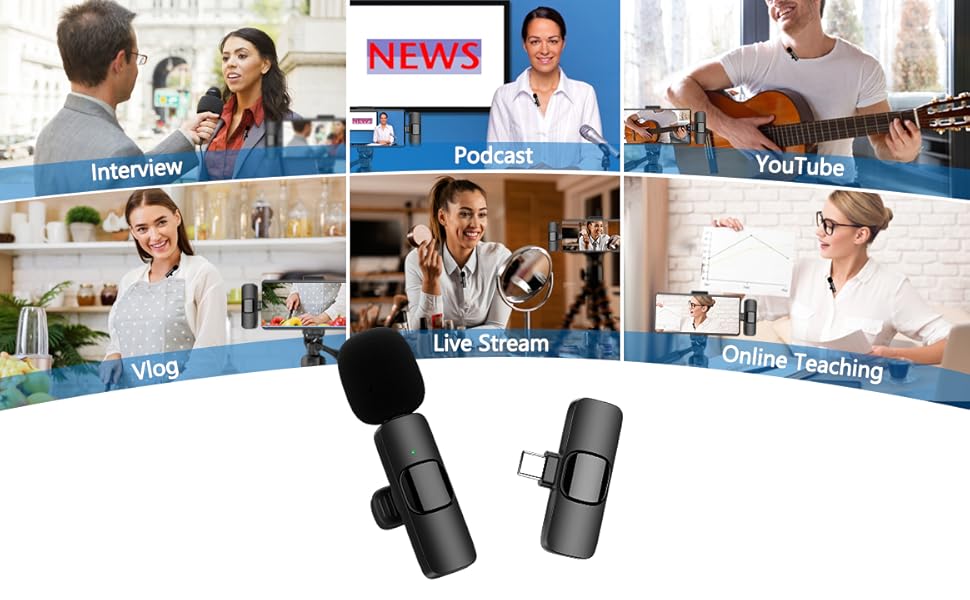 Wireless Microphone for iPhone/Android Phone/Laptop, Plug-Play Clip on Lapel Mic with Auto Noise Reduction for Video Recording, Live Broadcast, Interview, TikTok, YouTube (2 Mics) Wireless Microphone for iPhone/Android Phone/Laptop, Plug-Play Clip on Lapel Mic with Auto Noise Reduction for Video Recording, Live Broadcast, Interview, TikTok, YouTube (2 Mics)