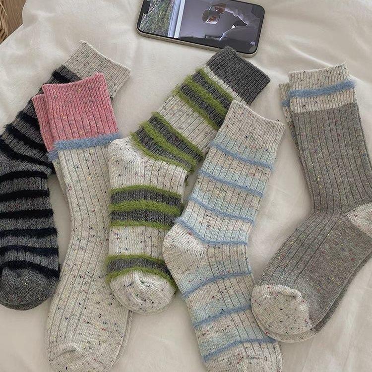 Women's 4PCS Slouch Fit Thick Wool Mid-Calf Socks - Korean Ins Style Color-Block Dot Thick Yarn Thermal Socks for Lady Autumn Winter Daily Wear (Sports & Outdoor Use)