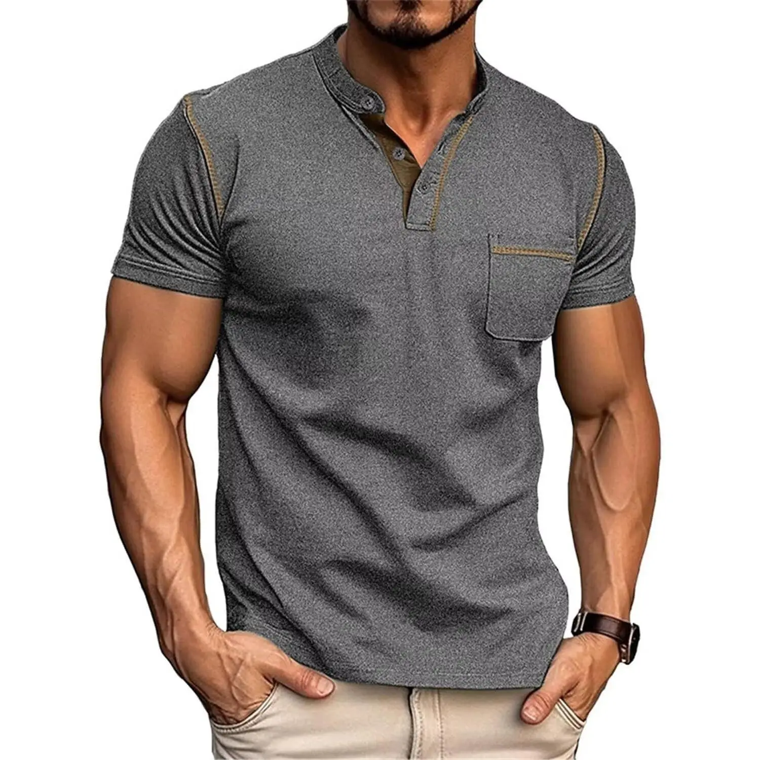 Men's Henley Shirt Lightweight Short Sleeve T-Shirt Casual Stylish Button Cotton Shirt