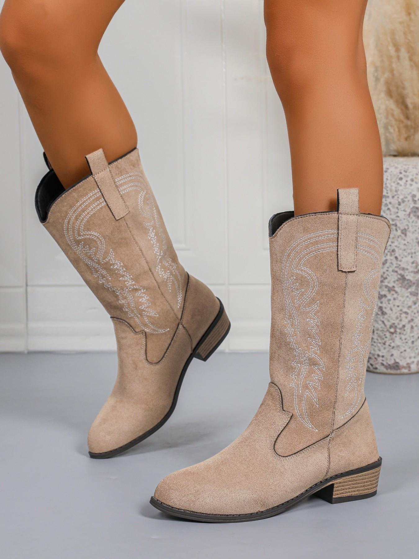 American Vintage Style Classic Western Embroidered Mid-Calf Boots, PU Leather, Rubber Sole, Fashion Winter Shoes, Slimming Effect