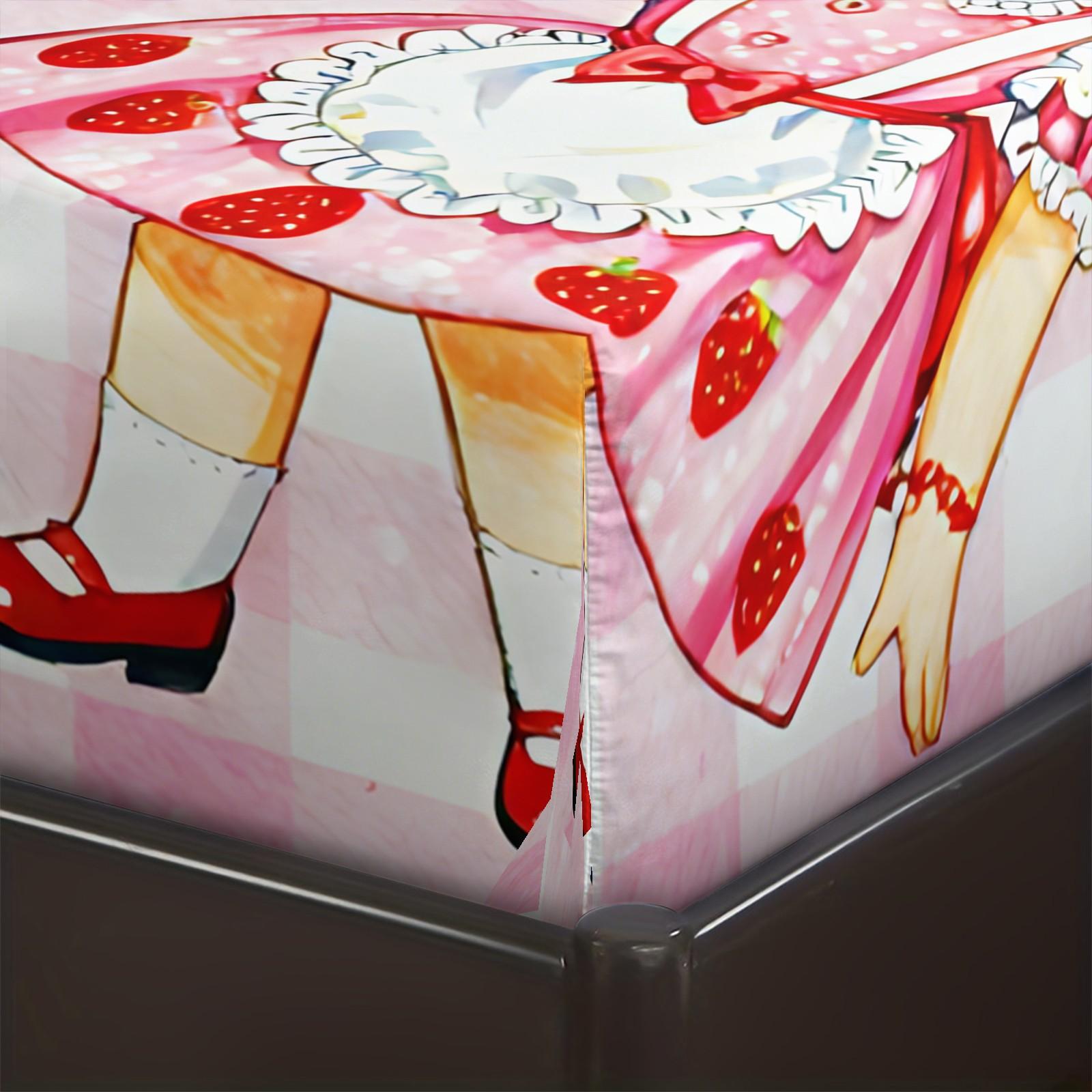 Strawberry Sweetheart Fitted Sheet Set and 2 Pillowcases No Core, Pink-White Checkered, Vintage Hand-Drawn Dessert Party Design, Soft Anti-Slip Bedding, Fairy Tale Girls Room, Kids Room Decor, Gift Choice
