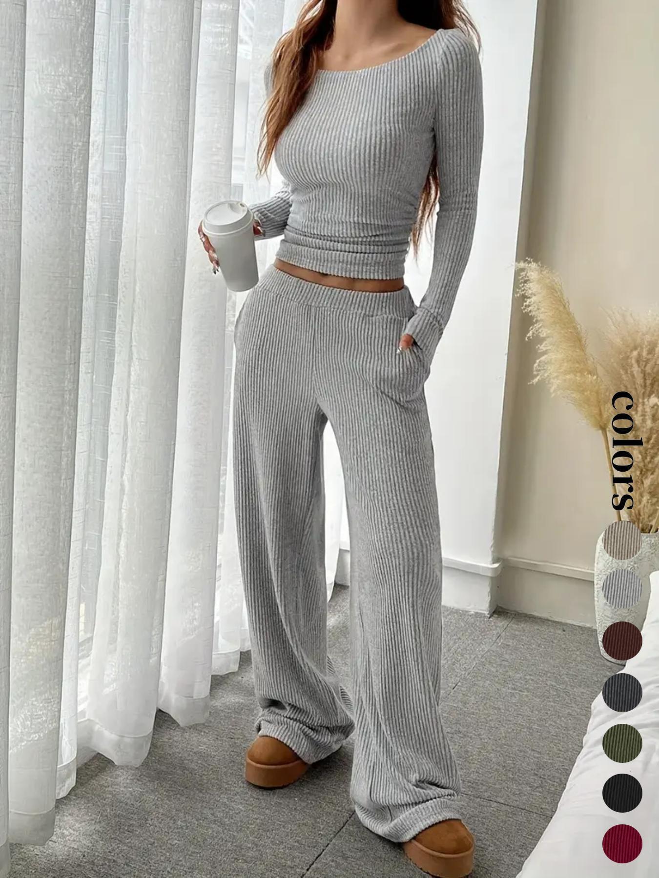 Women's Casual Striped Long Sleeve Top & Loose Pocket Pants Set, European Style Womenswear, Comfortable for Daily Wear