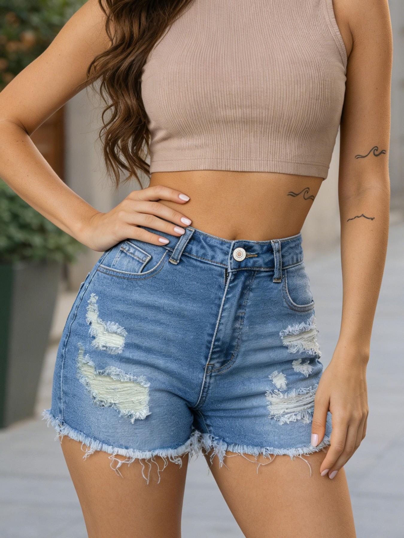 Summer Light Blue Elastic High Waist Shorts, Ripped Street Style Denim Shorts for Women, Casual Daily Wear, Versatile Jeans Shorts Streetwear
