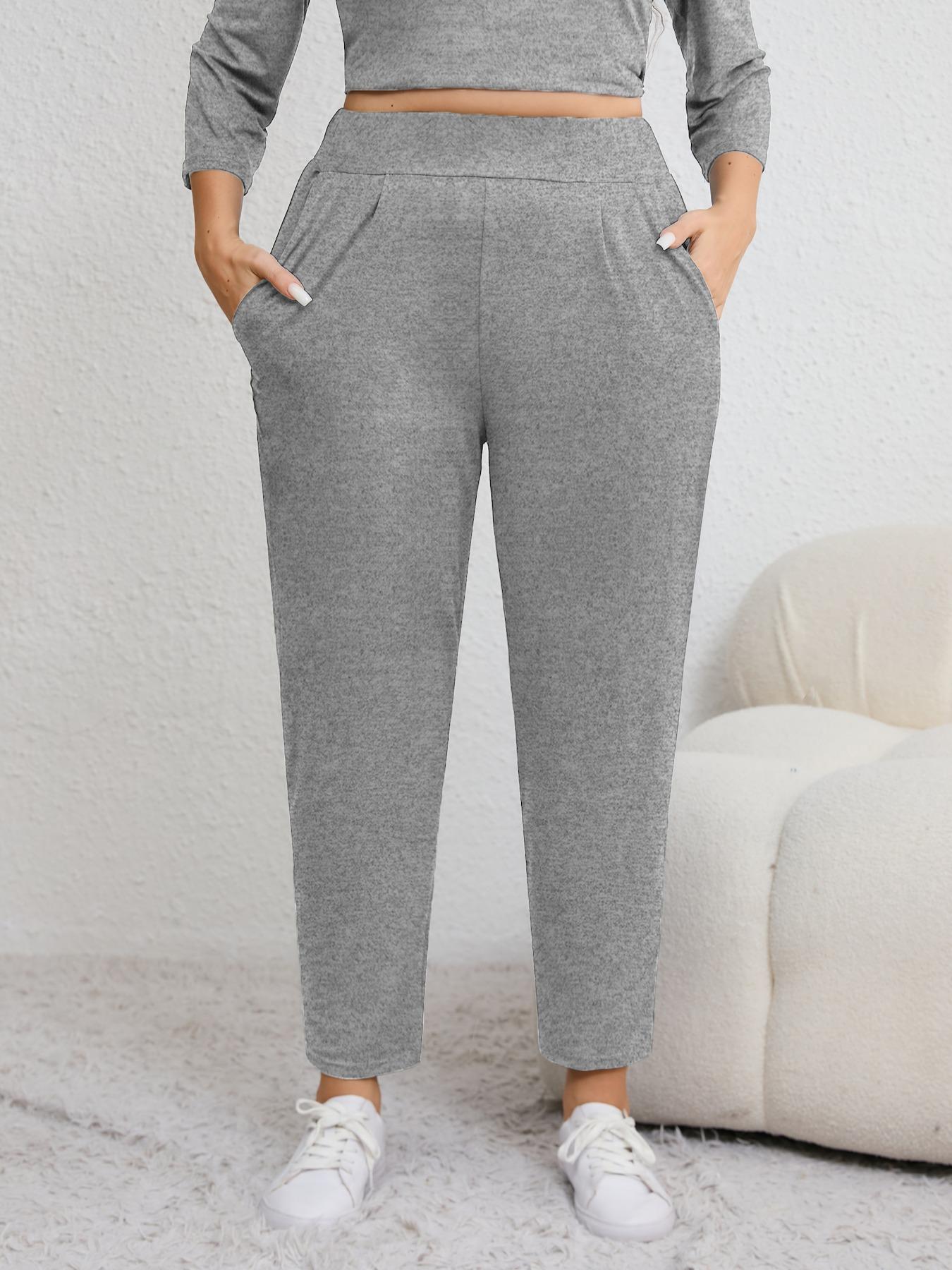 Plus Size Solid Plicated Pocket Elastic Waist Joggers, Casual Sporty High Waist Trousers for Women, Women's Sportswear for Indoor Outdoor Wear, Women Workout Clothes