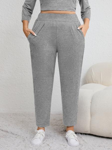 Plus Size Solid Plicated Pocket Elastic Waist Joggers, Casual Sporty High Waist Trousers for Women, Women's Sportswear for Indoor Outdoor Wear Plus Size Solid Plicated Pocket Elastic Waist Joggers, Casual Sporty High Waist Trousers for Women, Women's Sportswear for Indoor Outdoor Wear
