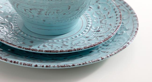 Vancasso 16-Piece Dinnerware Set for 4, Embossed Vine Design with Spiral & Eyelash Rim, Includes 4 Dinner Plates, 4 Side Plates, 4 Bowls, 4 Mugs, Blue Ceramics   Tableware Kit Cutlery