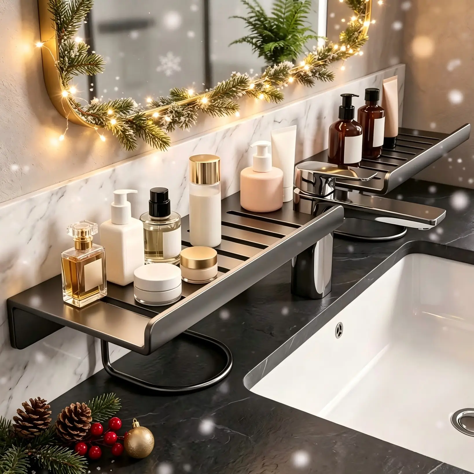 Bathroom Kitchen Faucet Shelf, Carbon Steel, No Drilling, Stand Design, Large Slot, Fits Most Faucets, Organize Skincare, Cleaning Tools