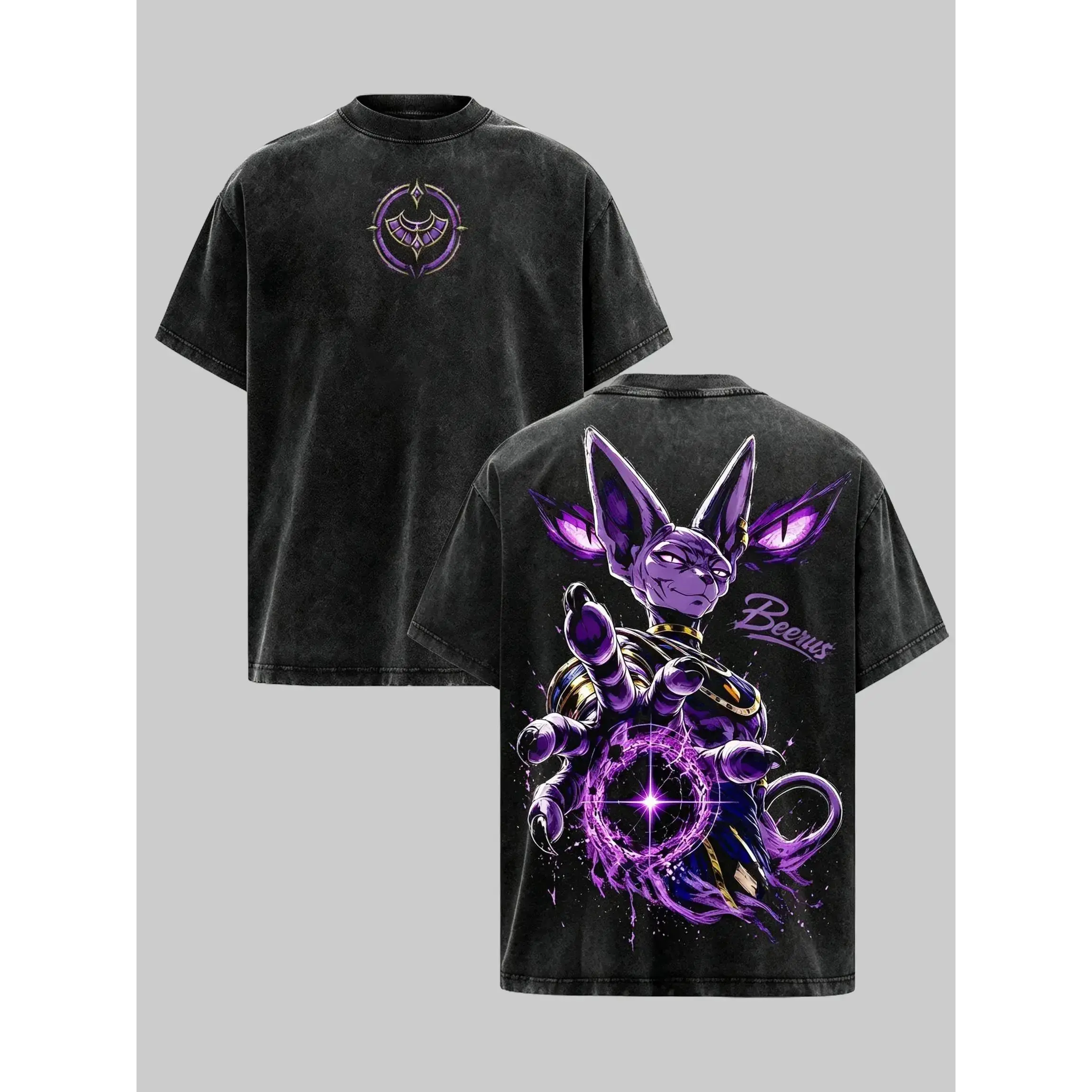 Dragon Ball Super Anime Beerus Vintage Washed Graphic Tee Oversized Heavyweight Cotton Streetwear Japanese Manga Retro Y2K Summer Unisex Top