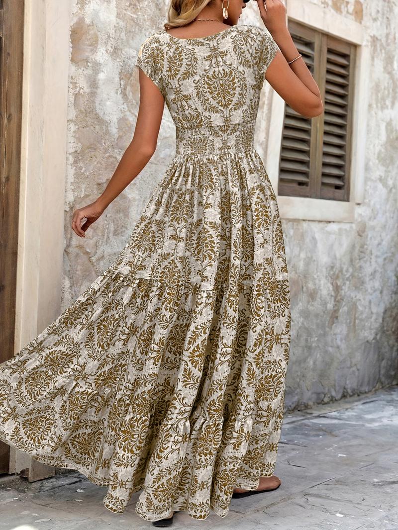 Women's All Over Print Shirred Dress, Boho Fashion Short Sleeve V Neck Dress for Daily Holiday Vacation Wear, Women Dress for Summer