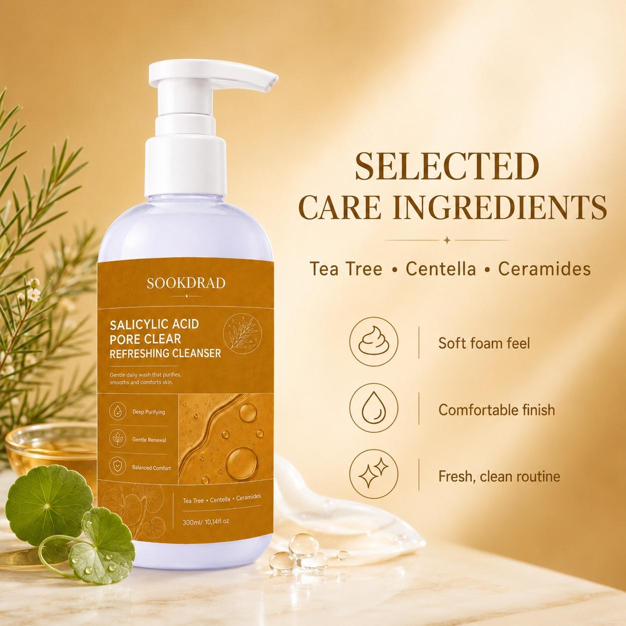 Salicylic Acid Pore Clear Refreshing Cleanser, contains Tea Tree, Centella, Ceramides, deep purifying, gentle renewal, balanced comfort, for face, all skin types, daily facial care, facial cleansing, 300ml
