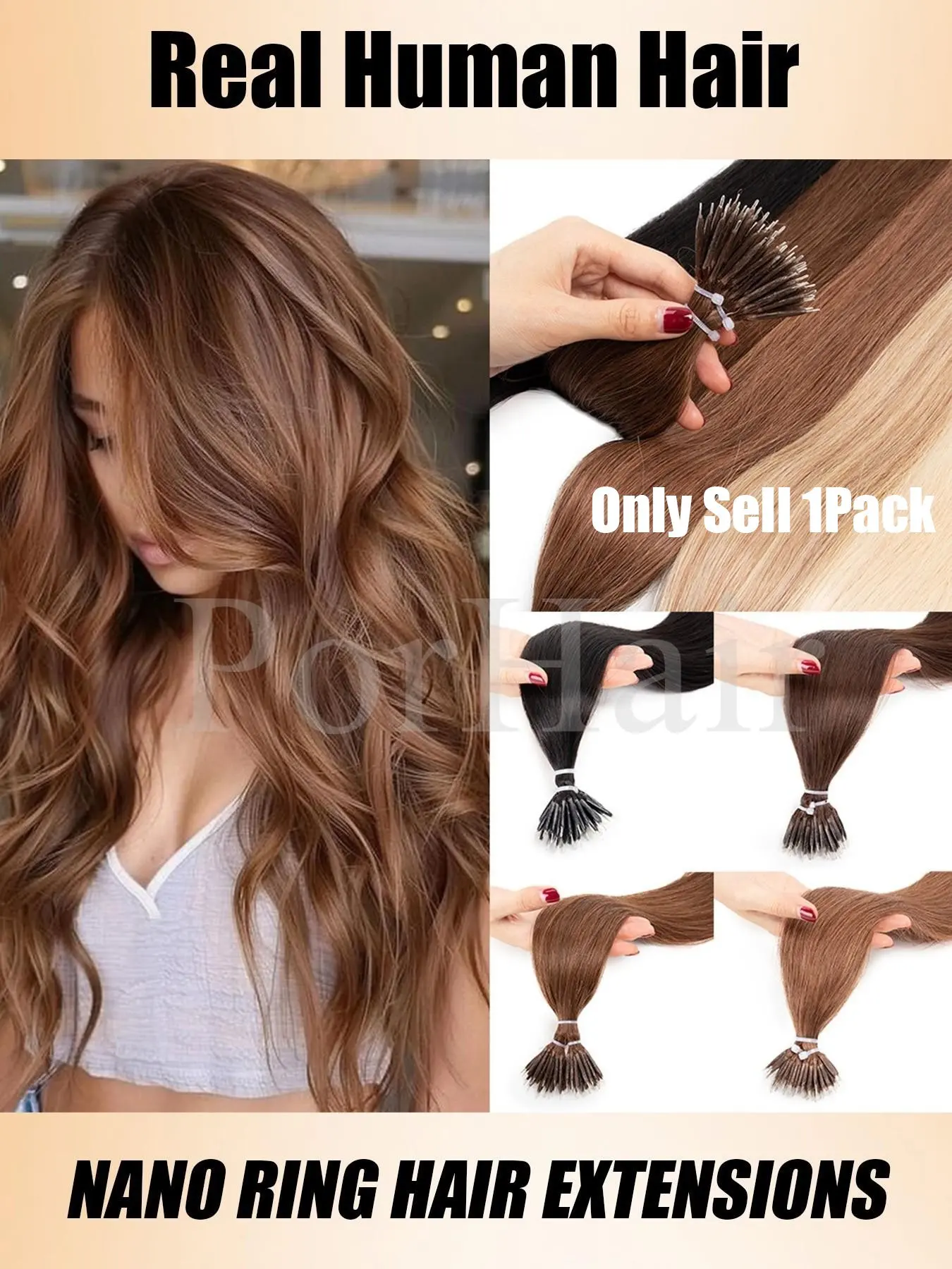 50pcs Straight Hair Nano Ring Extensions, Real Human Hair Natural, Micro Beads Rings for Natural Look