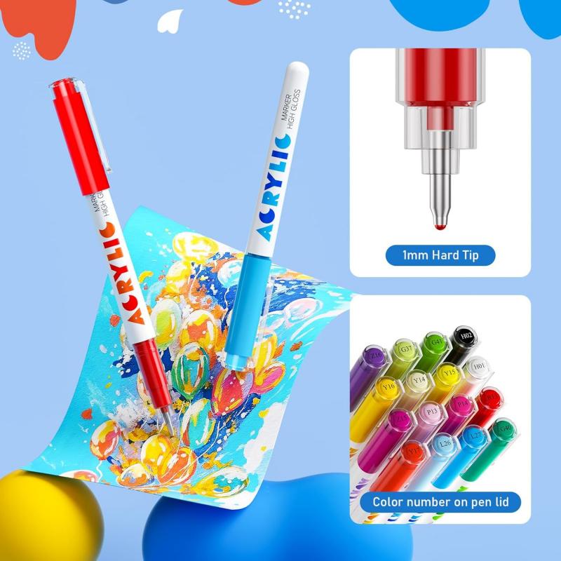 Acrylic Paint Markers, Acrylic Ballpoint Pens Bullet Tip 1.0 mm, High Gloss Gel Pens, Non-Bleed Ink, Odorless, Quick-Drying, Smoothly for Detail Work, Writing, Doodling, Note taking, Art Supplies