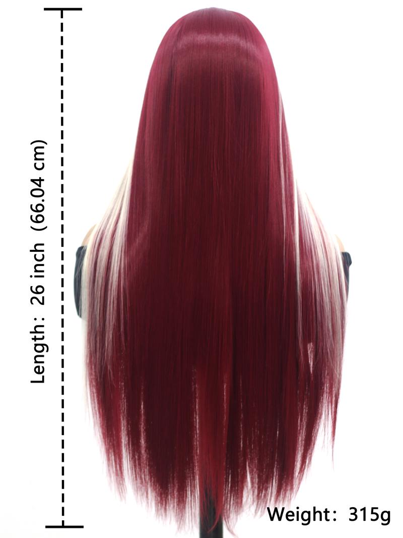 13x4 Long Red And Blonde Straight Lace Front Wigs Wine Red And Honey Blonde Skunk Stripe Wigs Middle Parting Heat Resistant Fiber Hair For Women 26 Inch, Lace Glueless Wig
